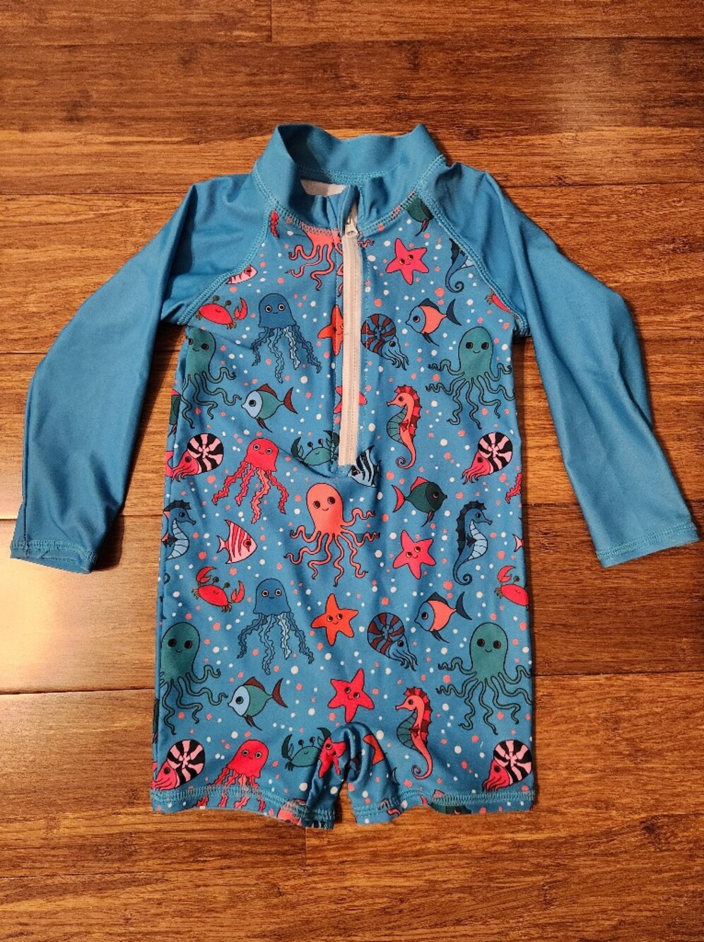 Kids Boys Girls Blue Ocean Print Zip-Up One Piece Rash Guard Swimsuit Swim